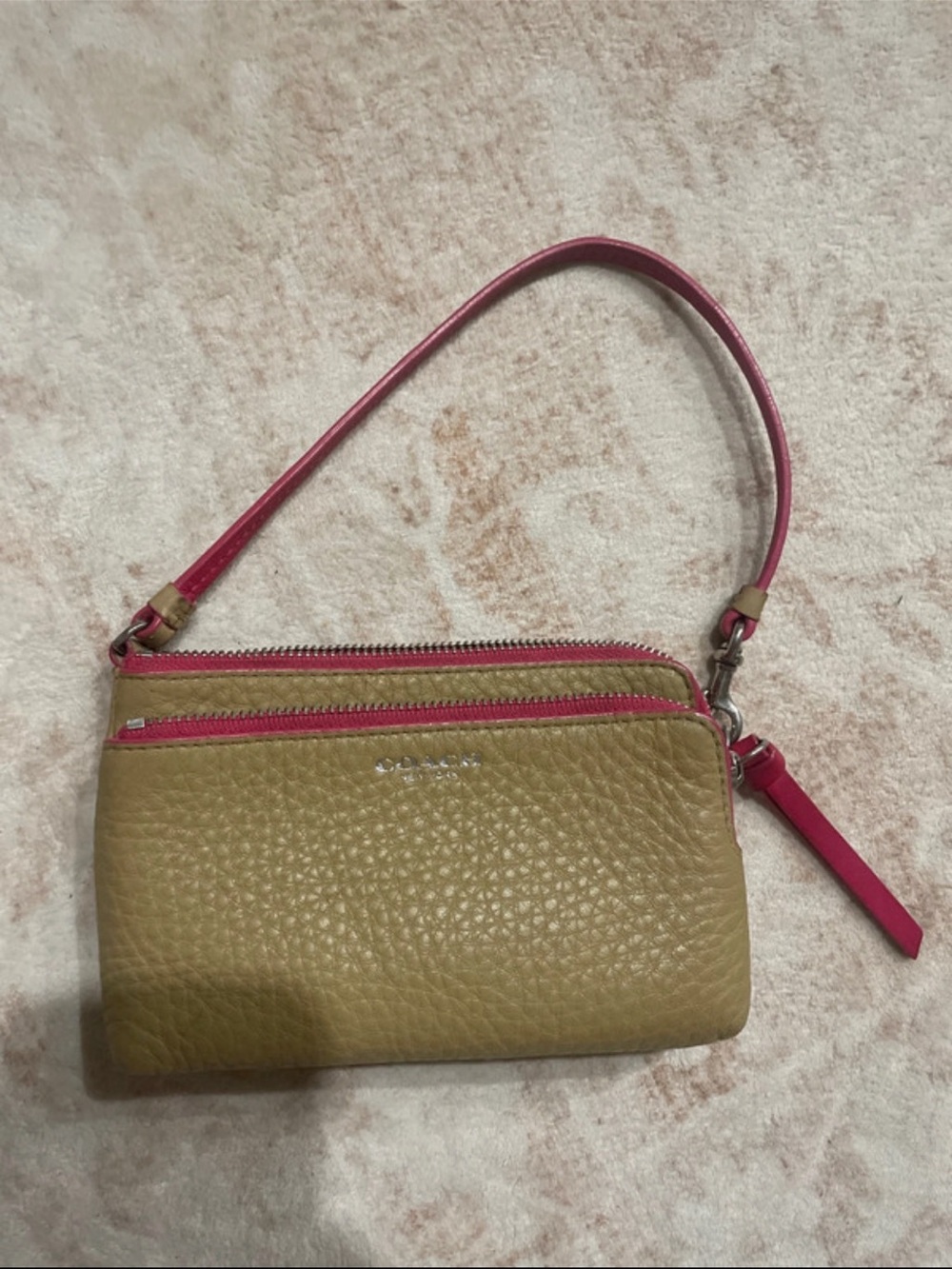 Coach Pebbled Leather Wristlet in Olive and Pink